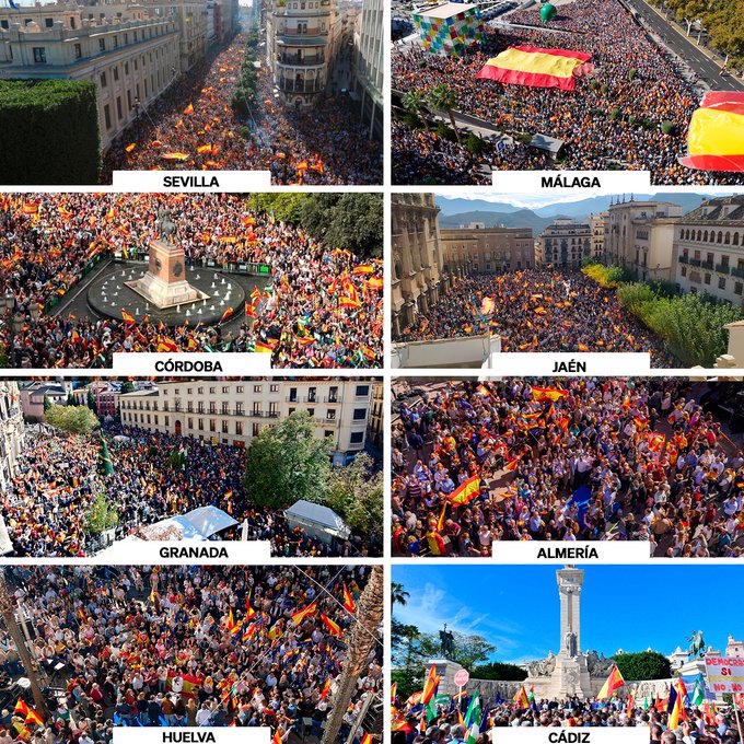 Concentraciones masivas en Andalucía contra la amnistía. Fotos de las ocho capitales de provincia.